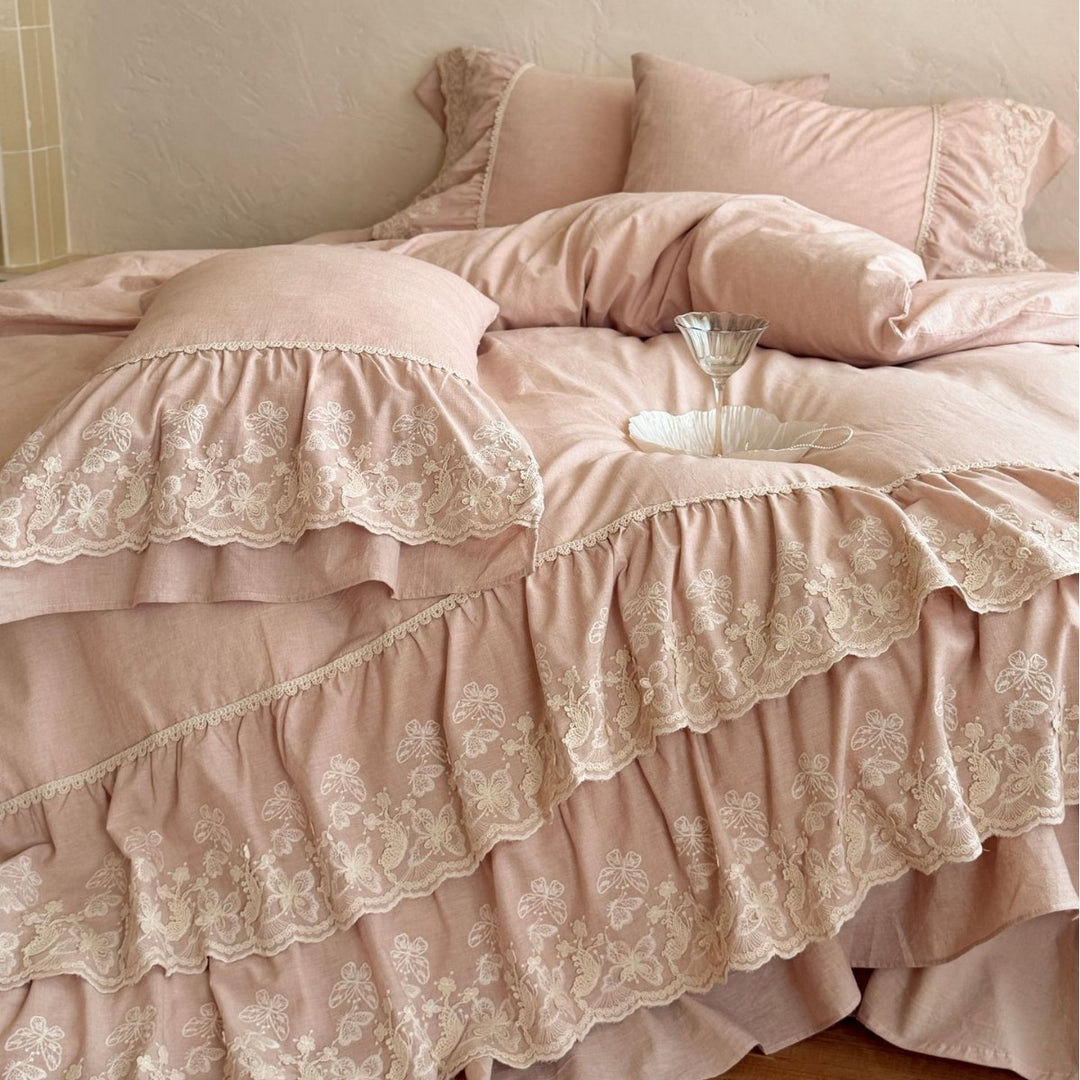 Premium cotton-linen bedding set with multilayered ruffles & floral lace embroidery