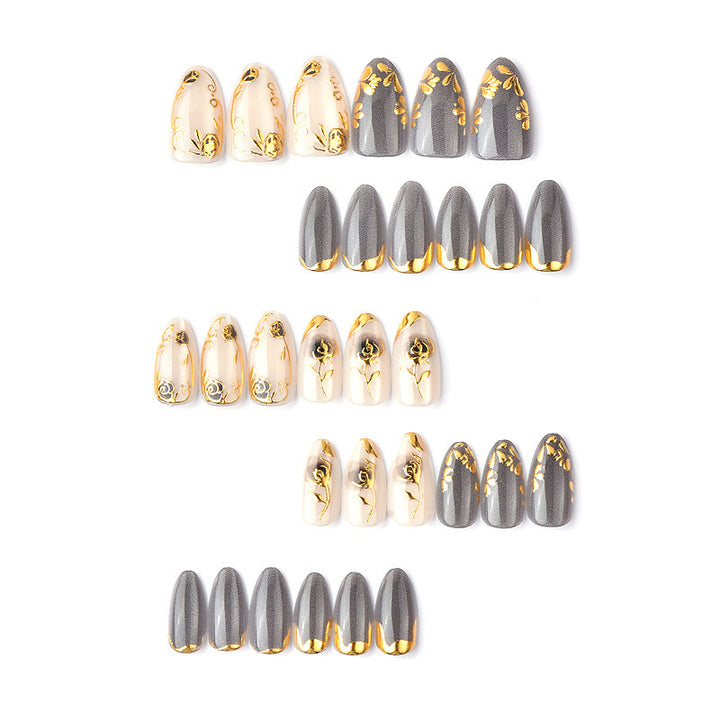 Artificial Nail Set with Elegant Rose Design and Gold Accents Kalsten