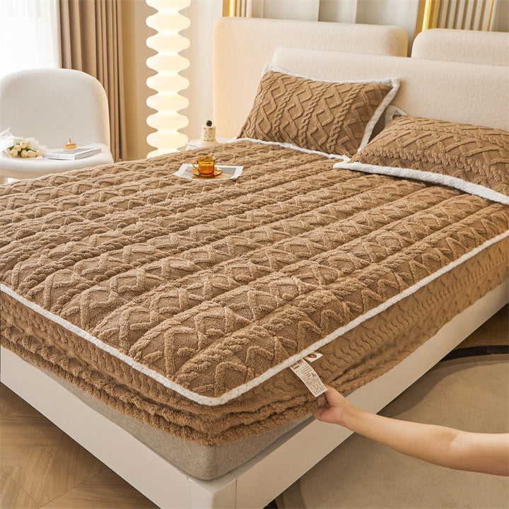 Plush Sherpa Quilted Mattress Topper With Deep-Skirt Non-Slip Fit And Embossed Cable Texture