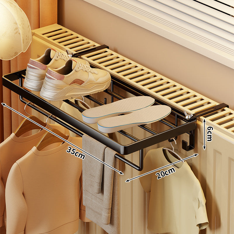 Radiator-Mounted Folding Drying Rack with Extendable Shoe Shelf and Multi-Hook Hanger