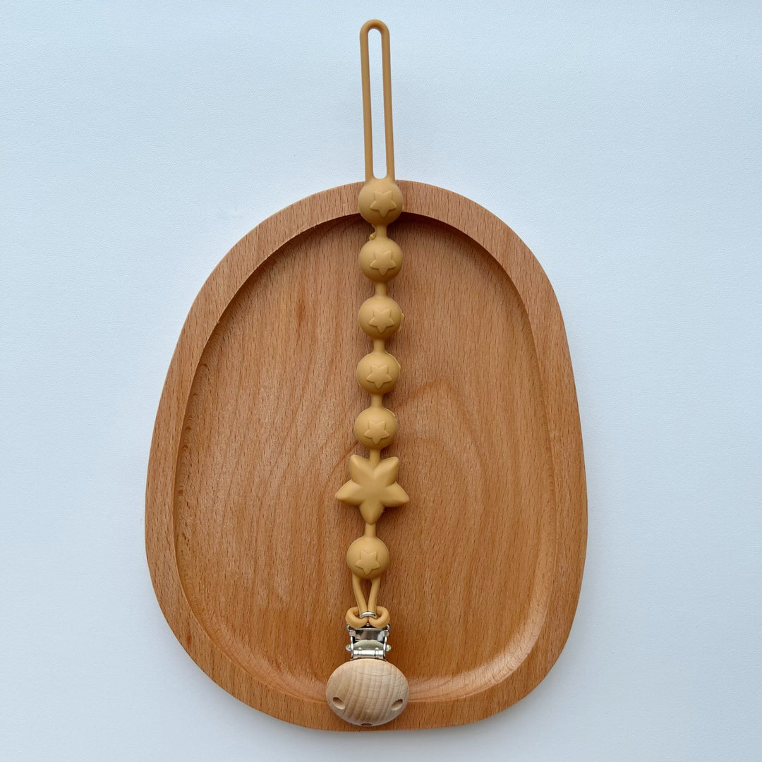 Silicone Star-Bead Pacifier and Teether Clip with Wooden Safety Clamp