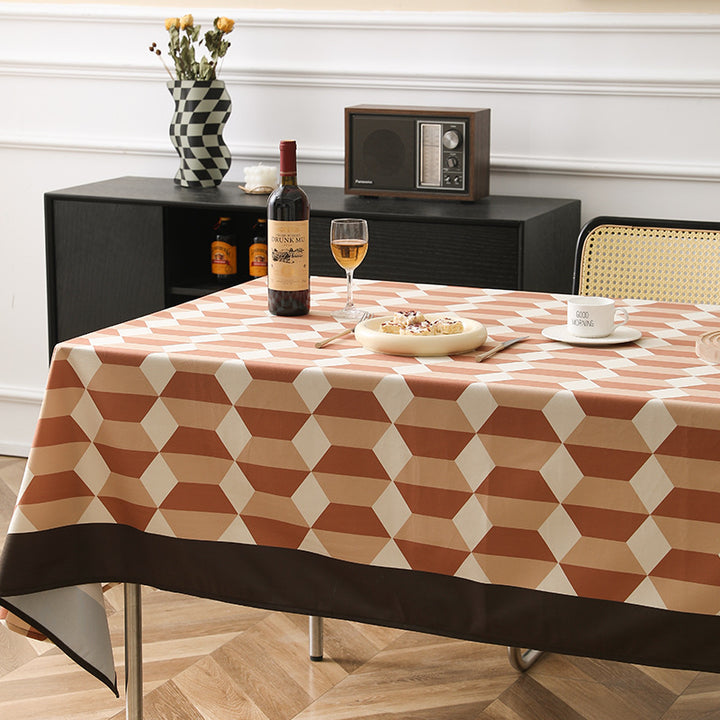 Wipeable Rectangular Table Runner with Geometric Wave Pattern and Contrast Edge