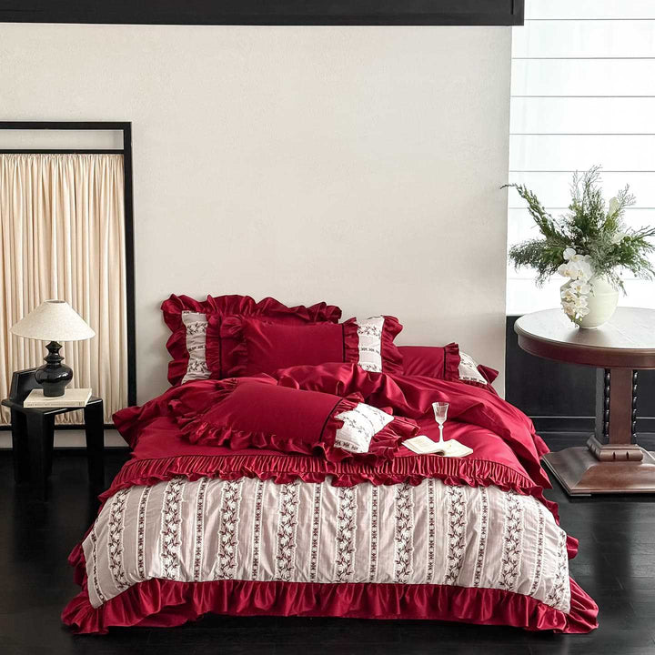 Luxurious Ruffle Bedding Set made of Satin with Embroidered Border