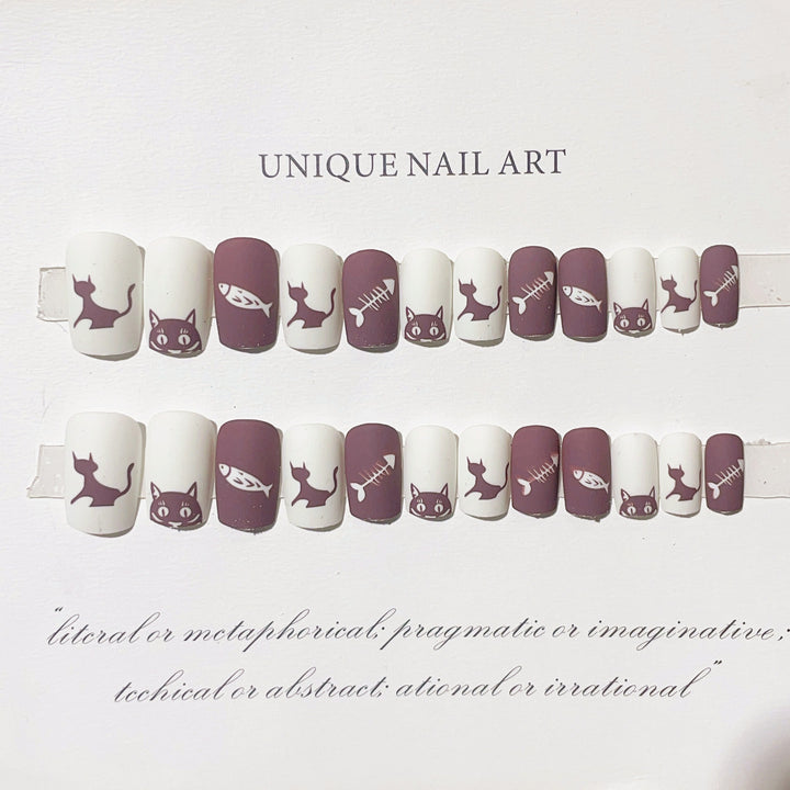 Whimsical Cat-Themed Press-On Nail Art Set