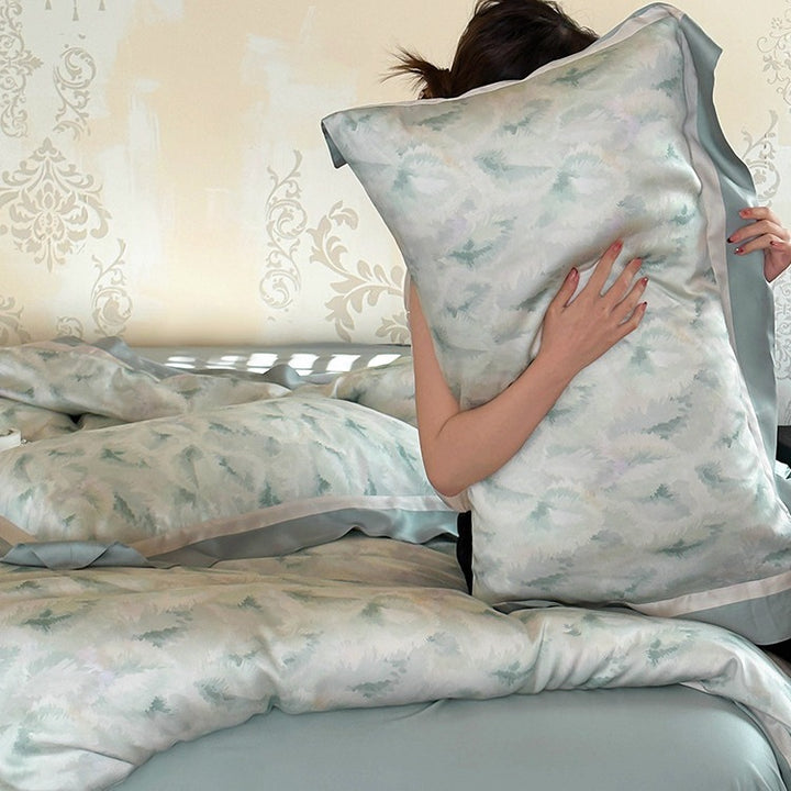 Premium-Duvet cover set made of Mako cotton with watercolor fern pattern and silk matte finish