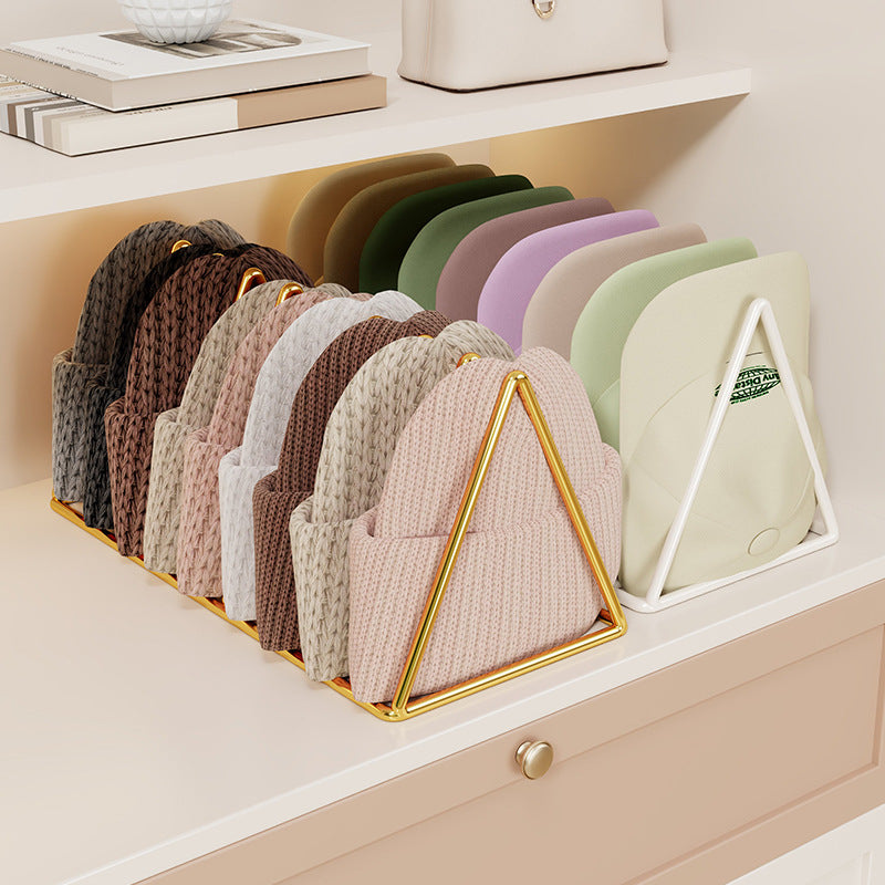 Triangular Gold Metal Multi-Slot Beanie and Knit Hat Organizer Rack