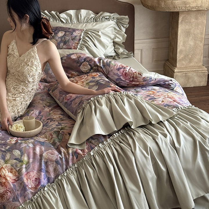 Bedding set made of cotton satin with lavish frills and floral watercolor print