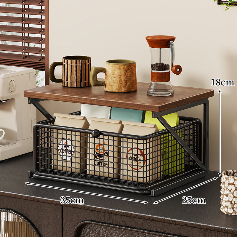 Countertop Coffee Station Organizer with Wooden Top and Metal Wire Basket