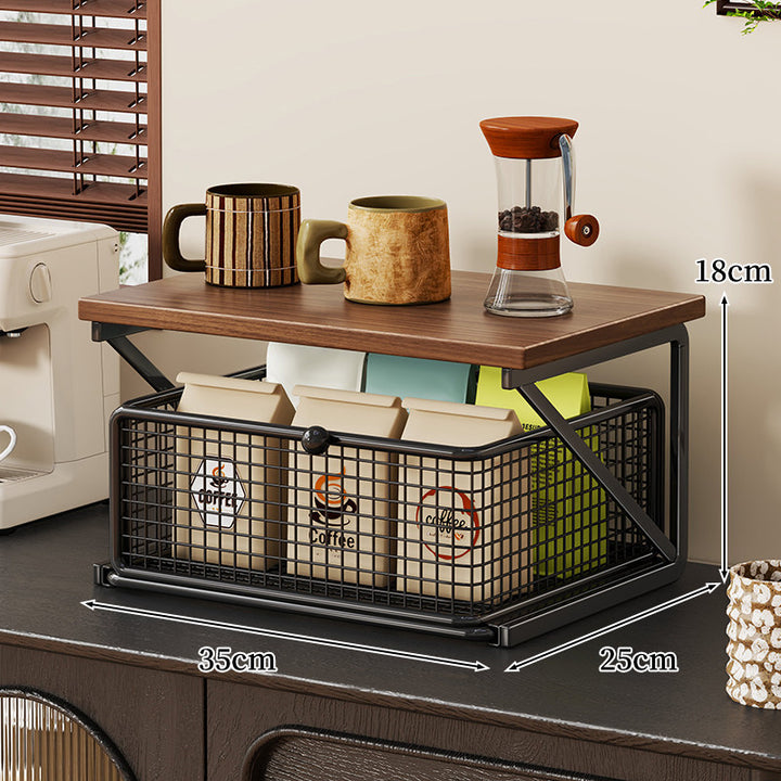 Countertop Coffee Station Organizer with Wooden Top and Metal Wire Basket