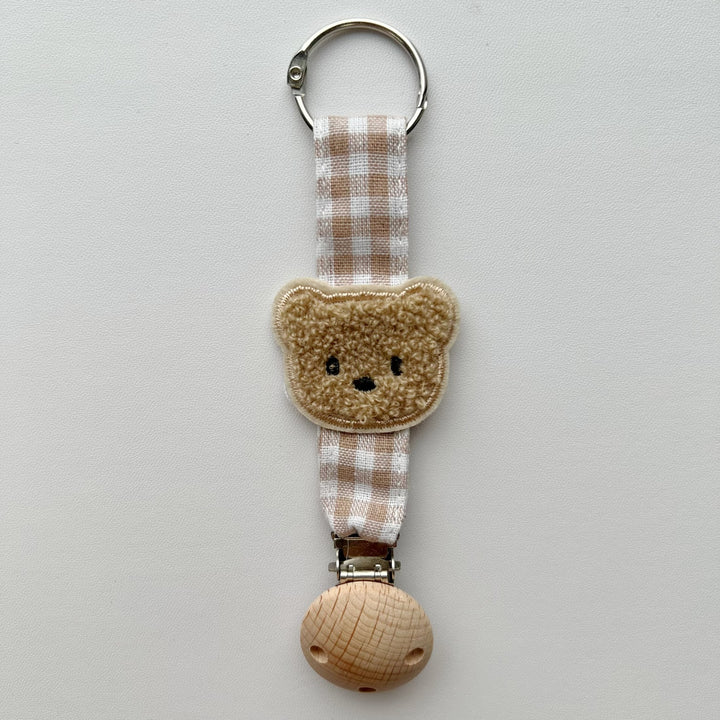 Embroidered Teddy Pacifier and Teether Clip with Wooden Safety Clamp