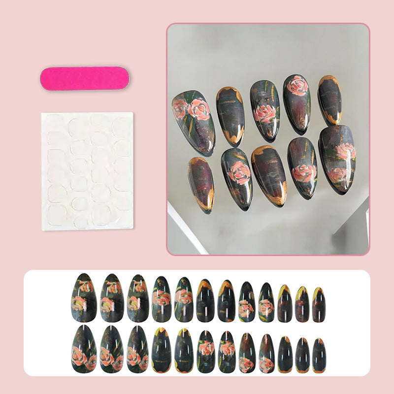 Artificial nails with romantic rose motifs and elegant gold rim Kalsten