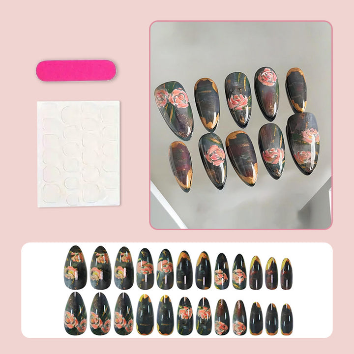 Artificial nails with romantic rose motifs and elegant gold rim Kalsten