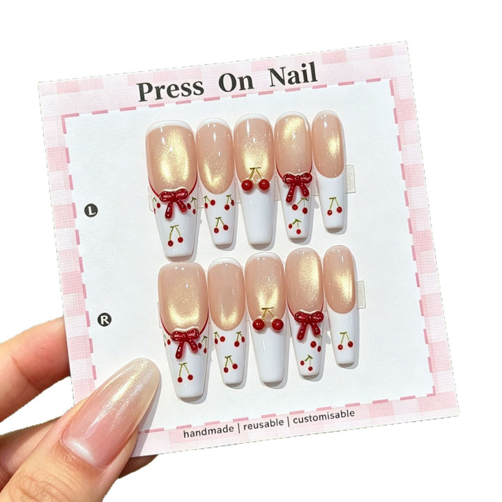 Artistic Press-On Nail Set with Cherry and Bow Designs