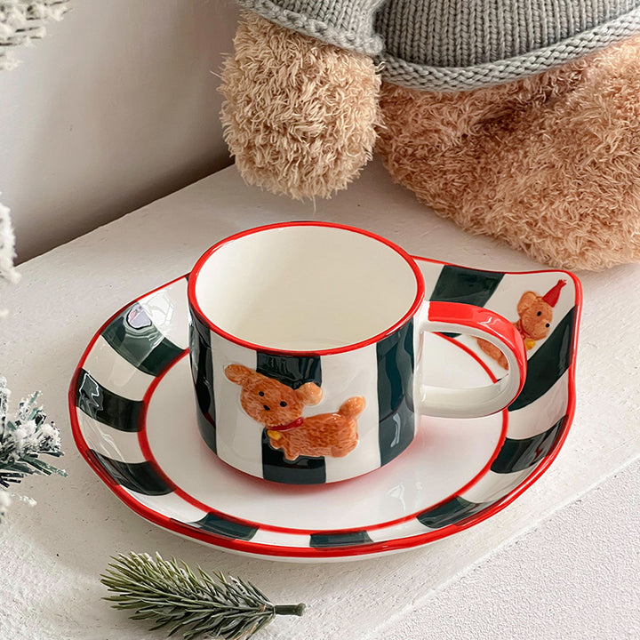 Ceramic cup set with saucer, hand-painted dog motif and wooden spoon