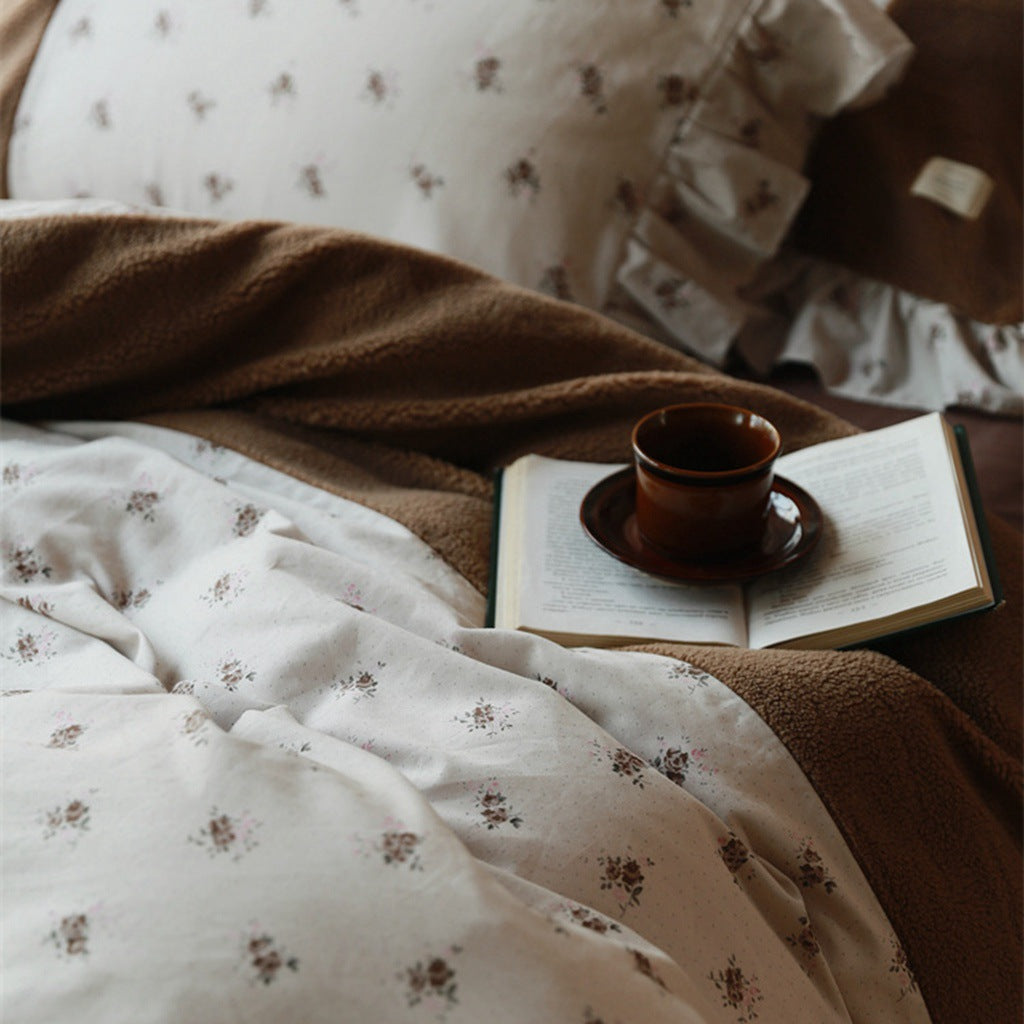 Checked reversible bedding set with teddy fleece backing and ruffled pillowcase