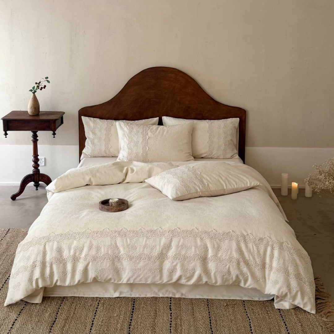 Elegant linen-cotton bedding set with delicate lace embroidery