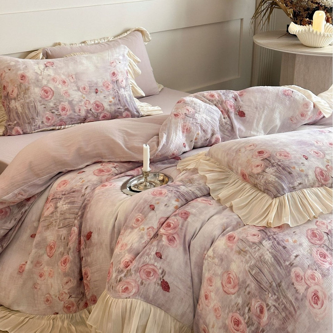 Romantic bedding set with floral watercolor look, ruffles and satin trim