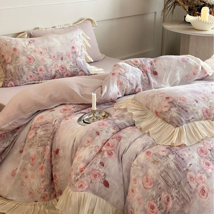 Romantic bedding set with floral watercolor look, ruffles and satin trim