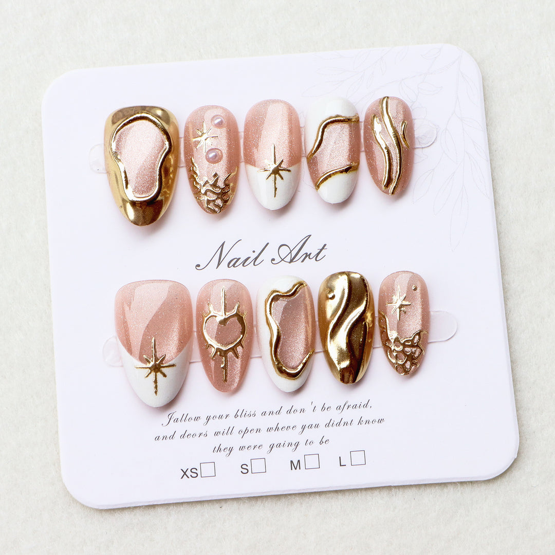 Artistic Press-On Nail Set with Gold Accents