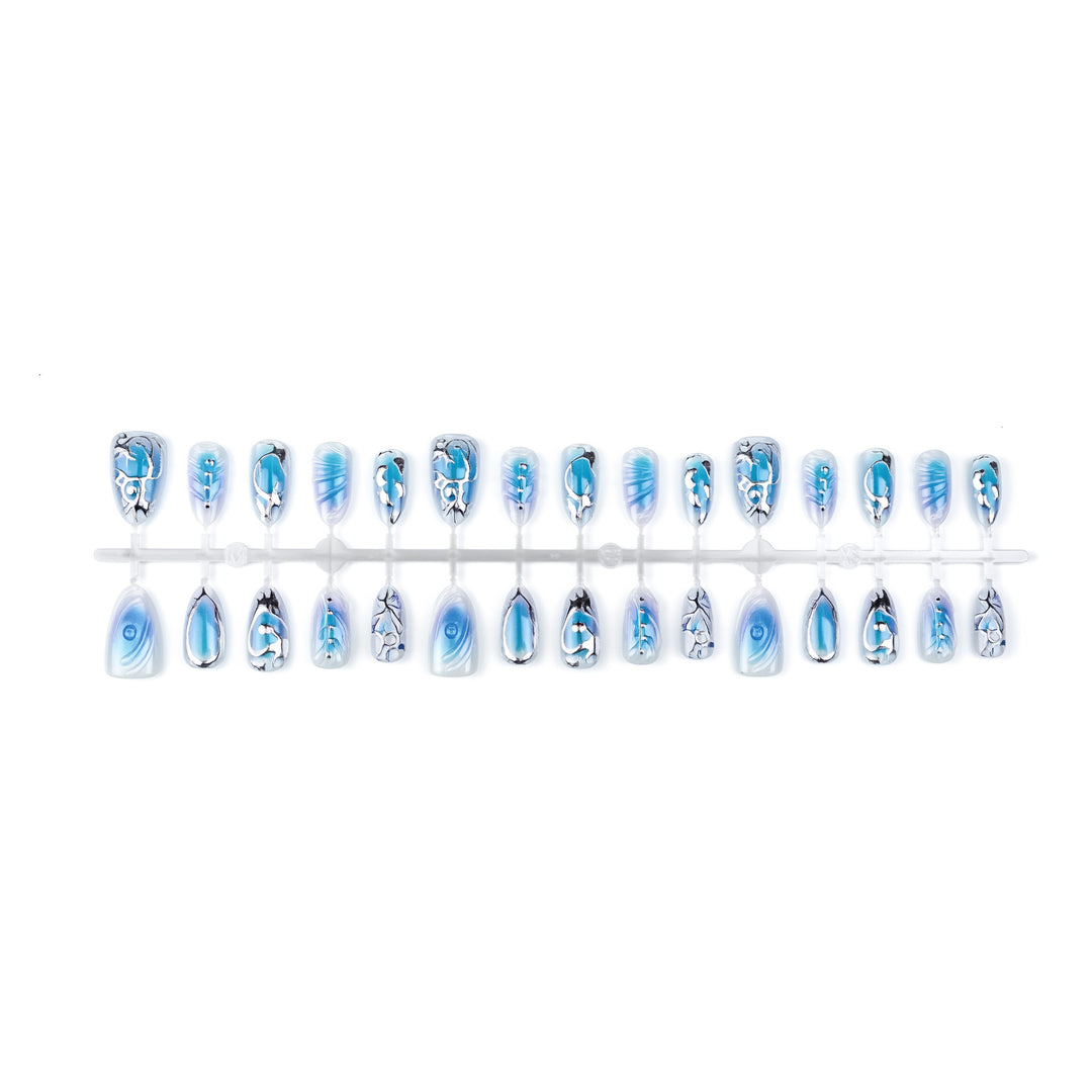 Premium Artistic Press-On Nail Set with Silver and Blue Designs