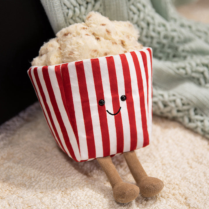 Kawaii Popcorn Box Plush Toy with Fuzzy Popcorn Top and Dangling Knit Legs Kalsten