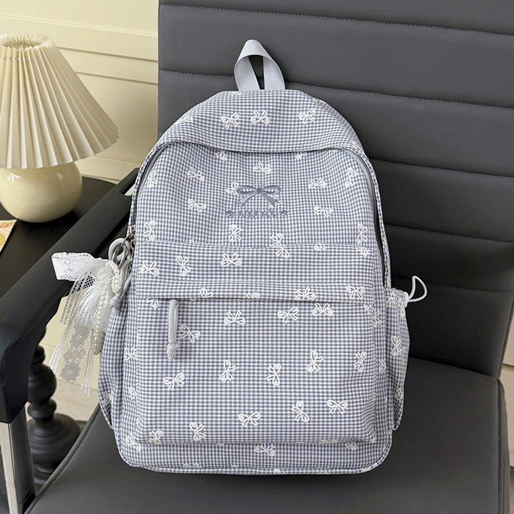 Charming Bow-Embellished Gingham Patterned Backpack Kalsten