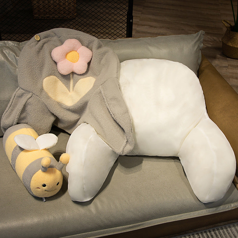 Padded reading back support cushion with armrests and removable neck roll in bee-flower plush design