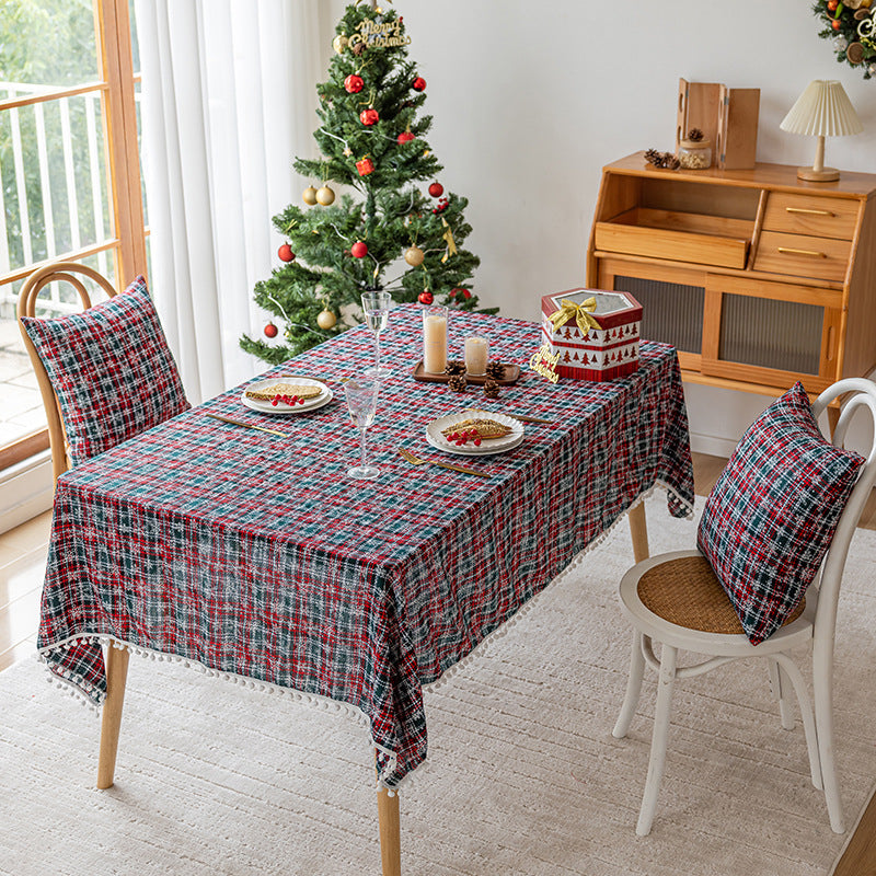 Festive Plaid Cotton-Linen Blend Rectangular Tablecloth with Pom-Pom Fringe and Matching Chair Cushion Covers