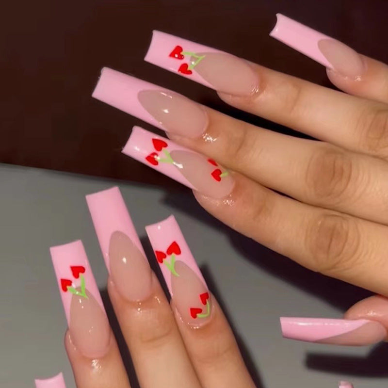 Artful long nails in cherry design Kalsten