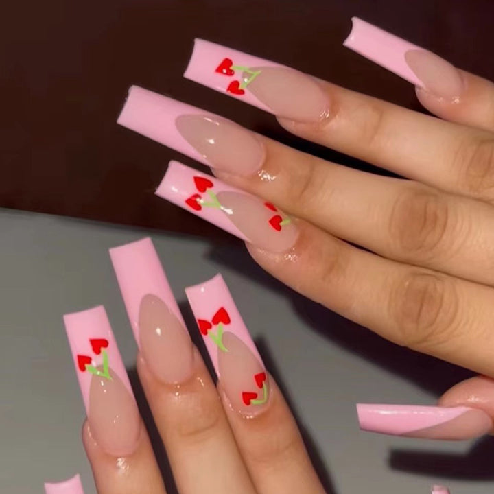 Artful long nails in cherry design Kalsten