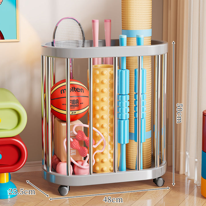 Vertical Rolling Sports Gear Storage Organizer with Cylindrical Metal Bar Frame and Casters