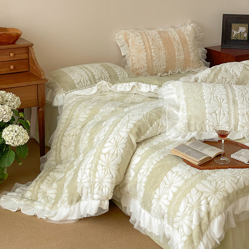 Teddy plush bedding set with ruffle, embroidered floral relief and Sherpa inner side