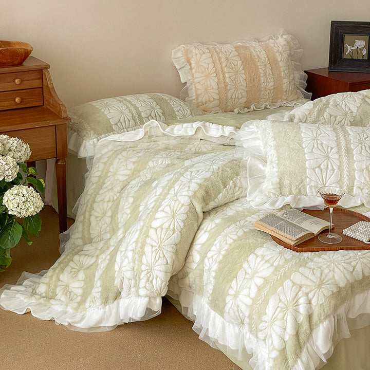 Teddy plush bedding set with ruffle, embroidered floral relief and Sherpa inner side