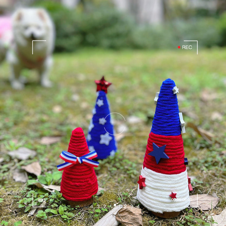 Unisex decorative table figure crocheted tree made of yarn with wooden base and star tip Kalsten