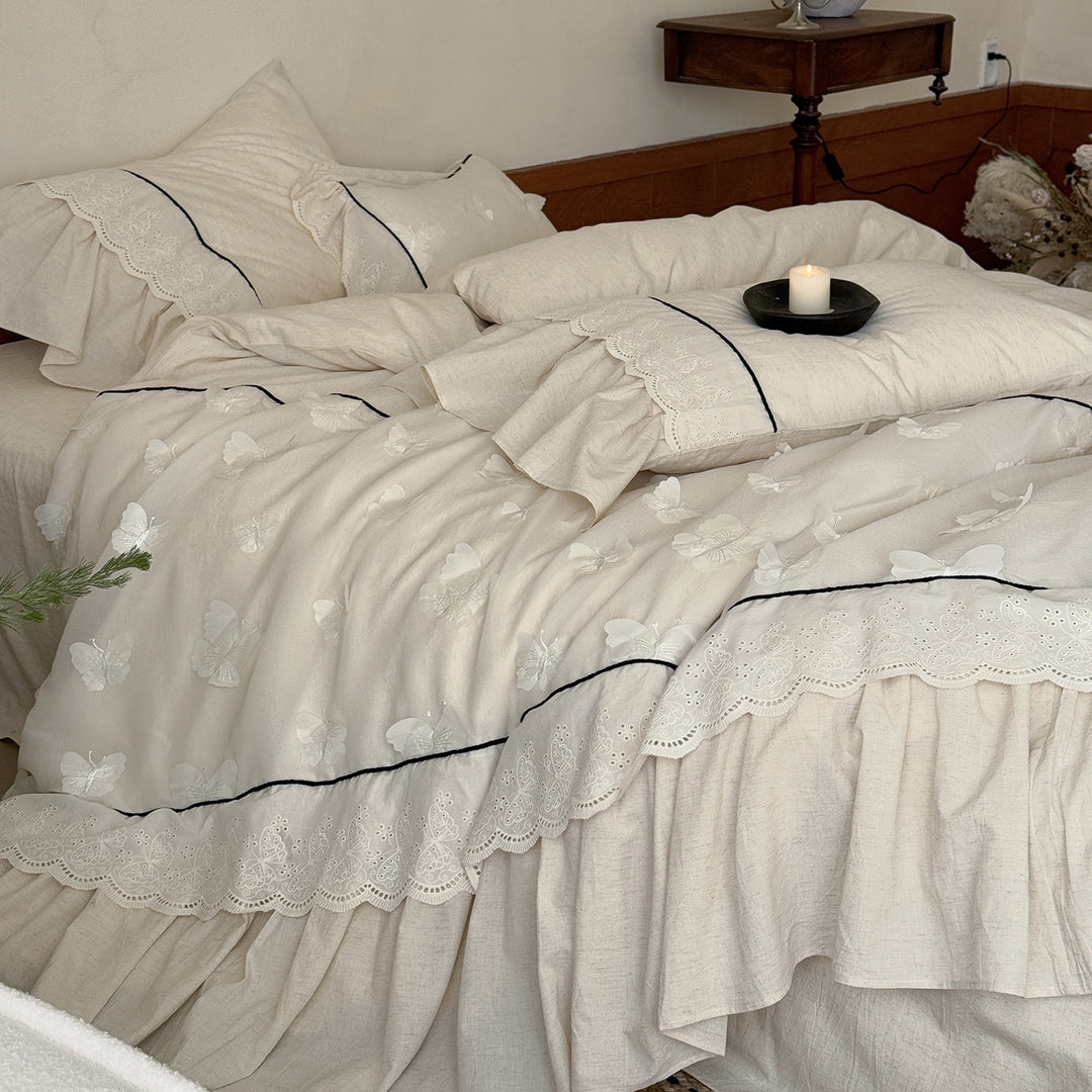 Romantic cotton bedding set with embroidery, lace frill, and fine piping