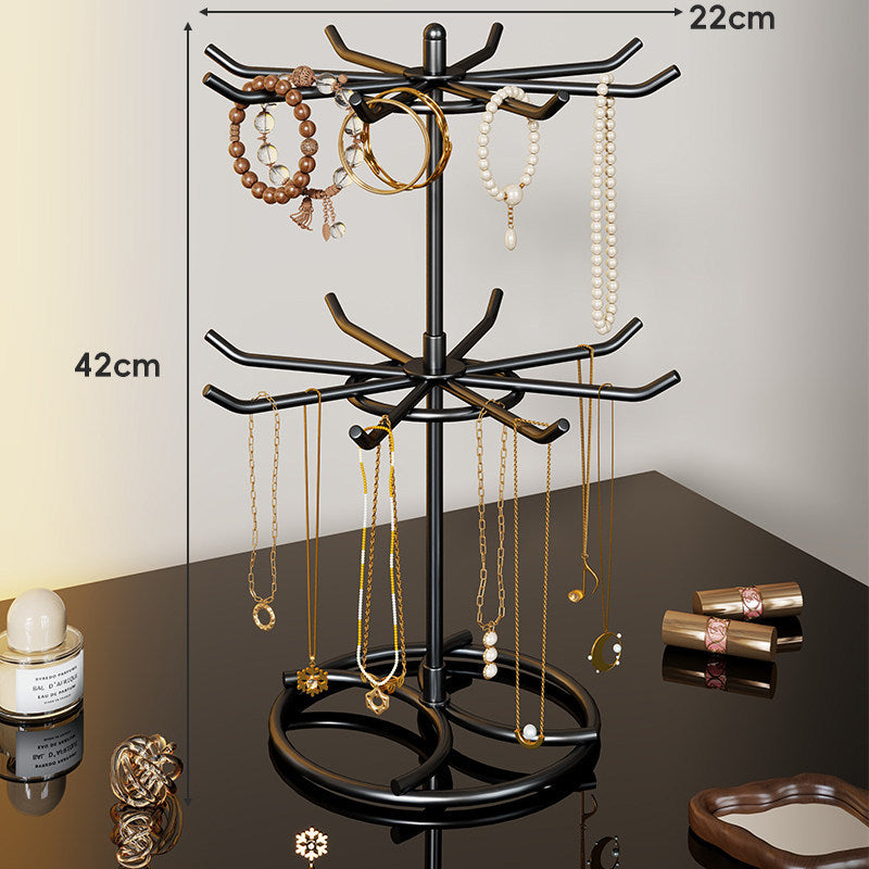 Rotating Tiered Jewelry Organizer Stand with Multi-Arm Hooks and Circular Ring Trays