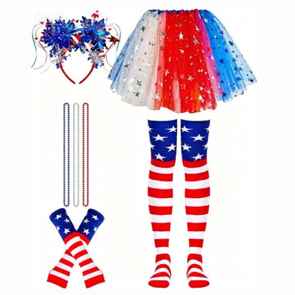 Women's patriotic carnival costume set with layered tulle skirt elastic waistband bow hairband thigh-high stockings and arm warmers Kalsten