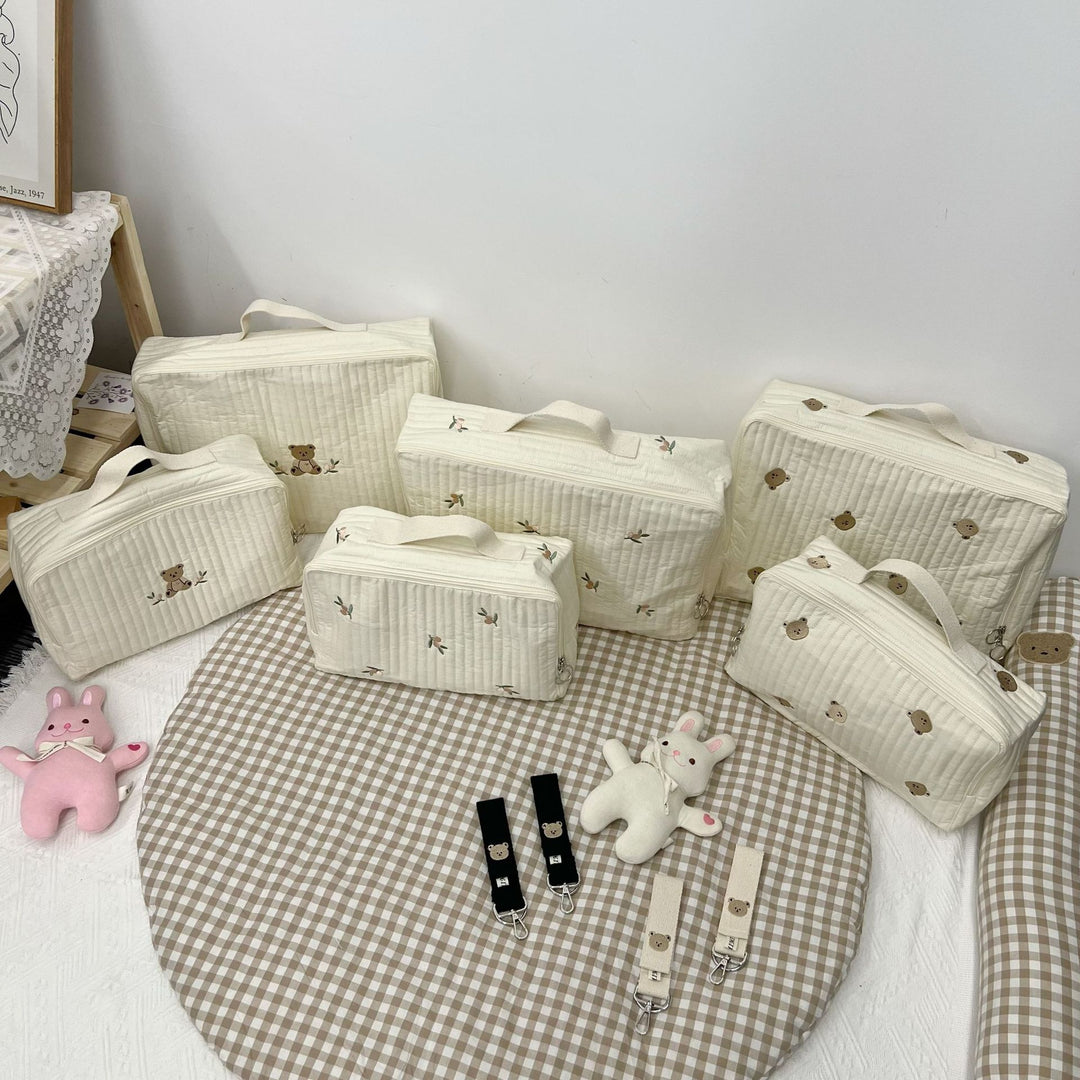 Quilted Portable Baby Mattress Carry Case with Handle and Embroidered Fruit Motif