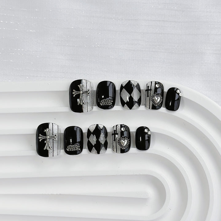 Artistic Press-On Nail Set with Gothic Motifs