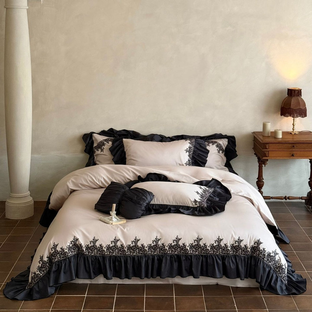 Satin bedding set with contrasting ruffle and ornament embroidery