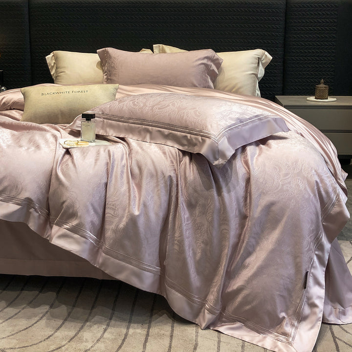 Premium cotton satin bedding set with structured matelassé border and hotel closure