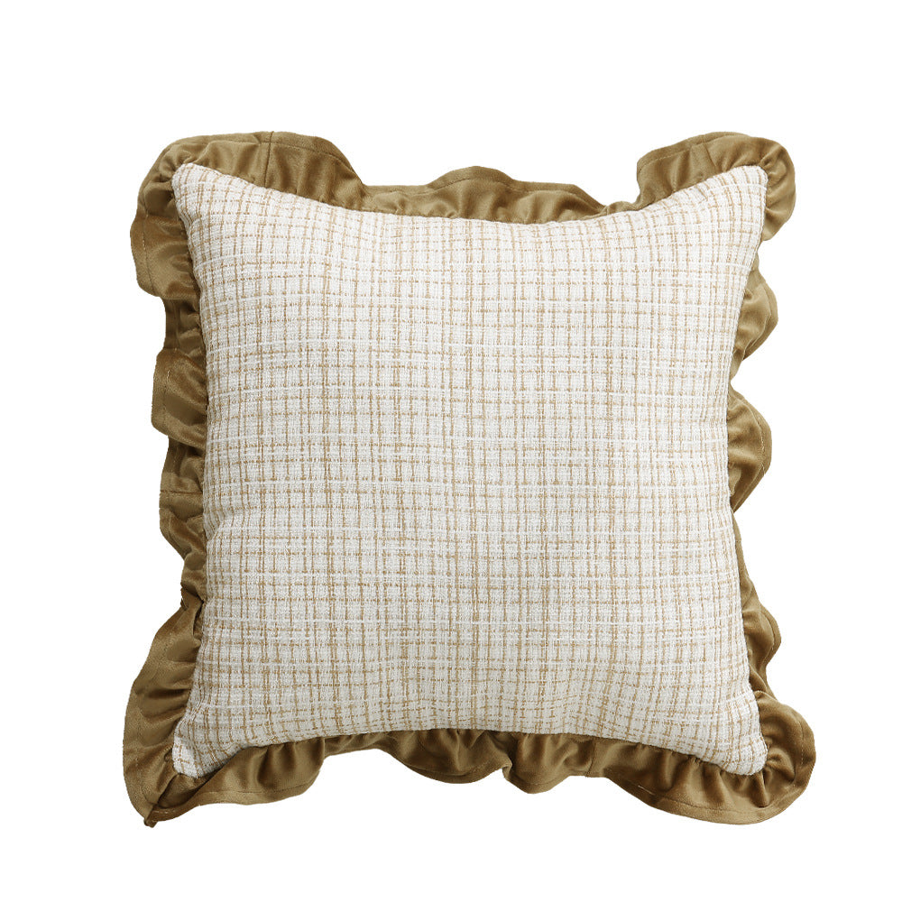 Square decorative pillow with woven linen texture and decorative ruffled edge