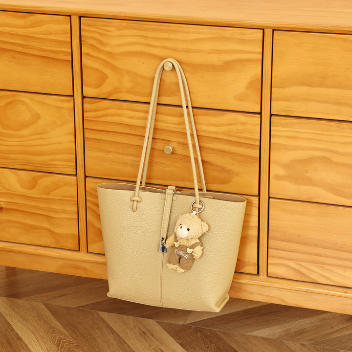 Chic Leather Tote Bag with Bear Charm
