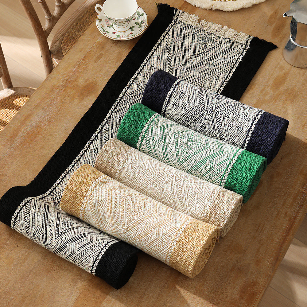 Woven table runner with geometric ethnic ornament and fringes Kalsten