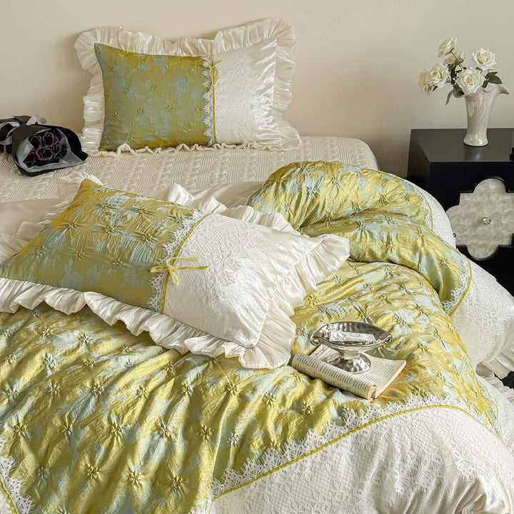 Jacquard bedding set with olive patterned quilted look, satin ruffle and lace panel