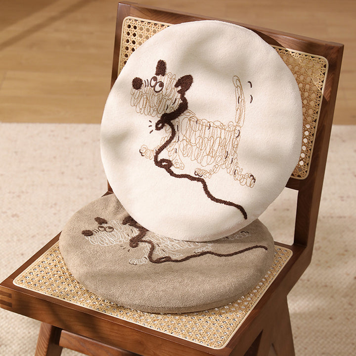 Round seat cushion with embroidered cat motif and soft microfiber cover Kalsten