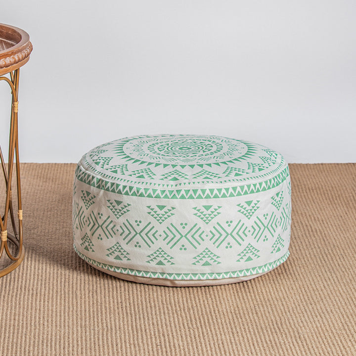 Beef padded seat pouf with ethnic jacquard pattern and sturdy canvas cover