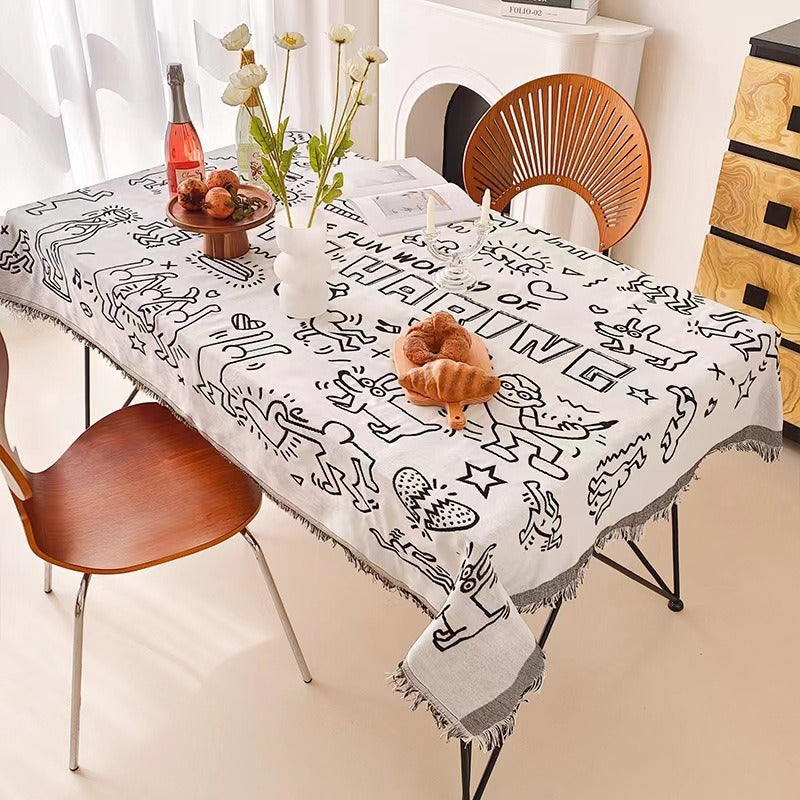Round Textured Waffle-Weave Fringe Tablecloth with Tassel Edge