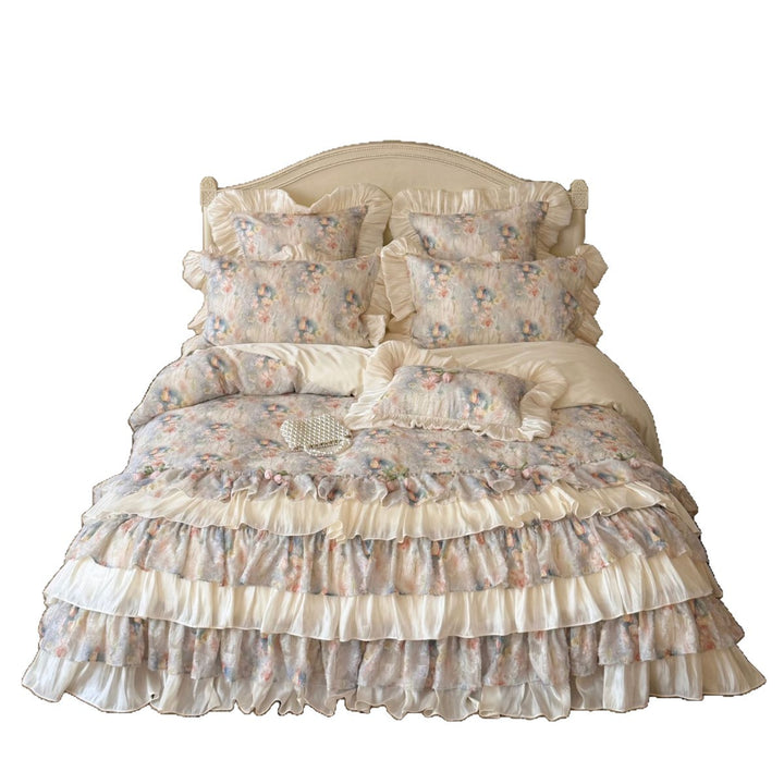 Romantic bedding set with layered ruffle, frills, and delicate watercolor flower print