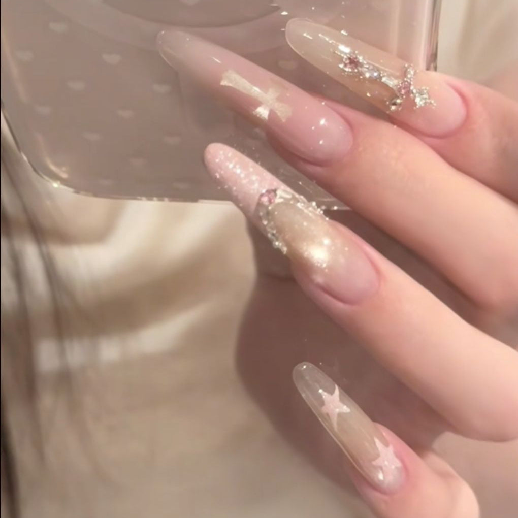 Glamorous Star-Studded Stiletto Nail Extensions